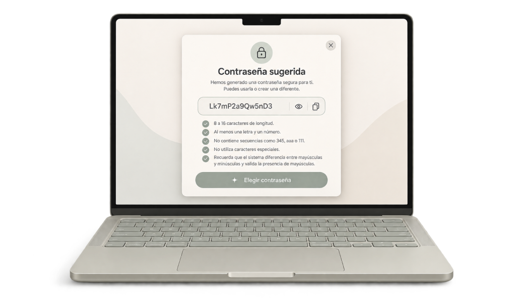 Laptop mostrando interfaz de sugerencia de contrase&ntilde;a segura
